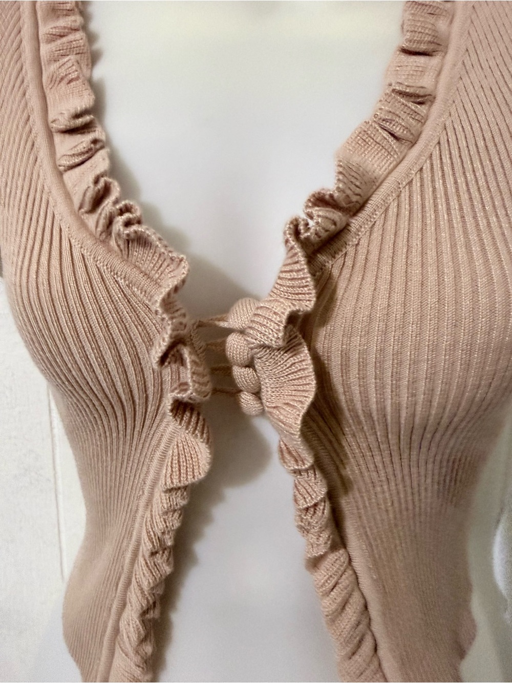 Say What? Taupe Ruffle Tie-Front Ribbed Crop Top - Picture 4 of 12